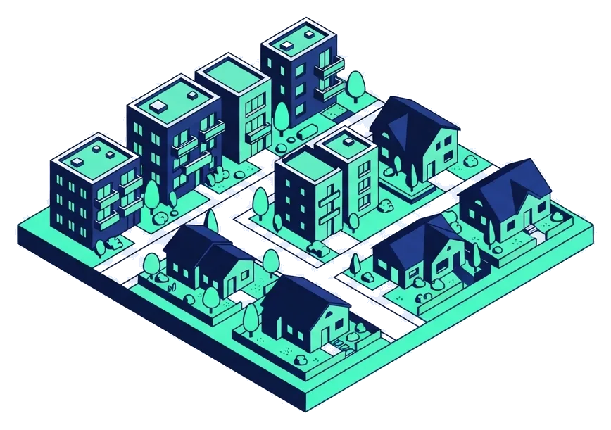 Ilustración isométrica de una comunidad de vecinos con edificios y casas